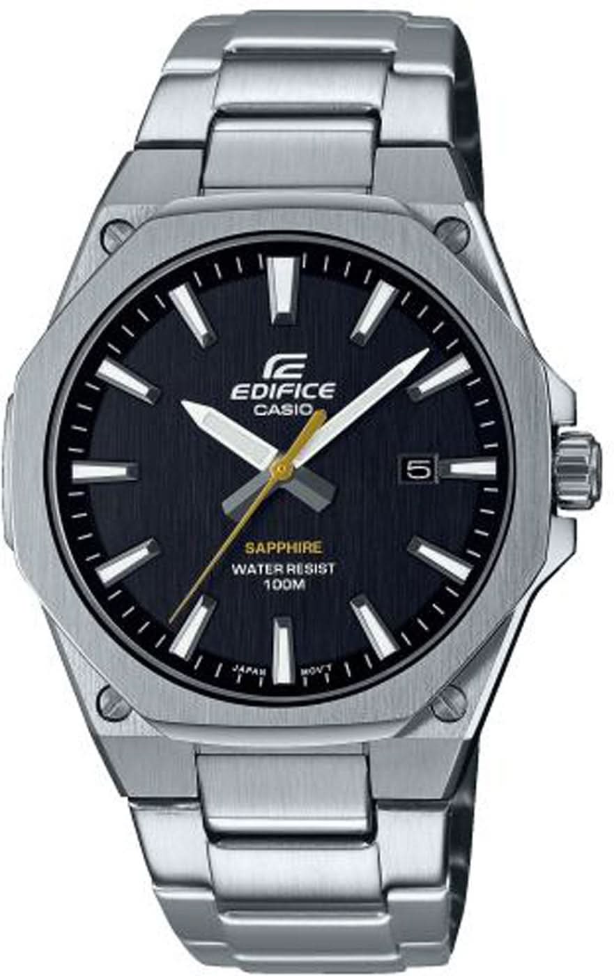 Montre homme avec bracelet en acier inoxydable, cadran sombre et guichet date à 5h