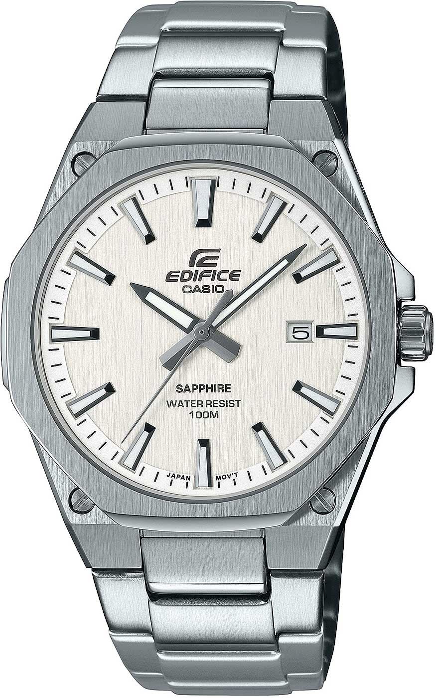 Montre homme avec boîtier en acier inoxydable, cadran blanc et affichage de la date ; EDIFICE CASIO, SAPPHIRE