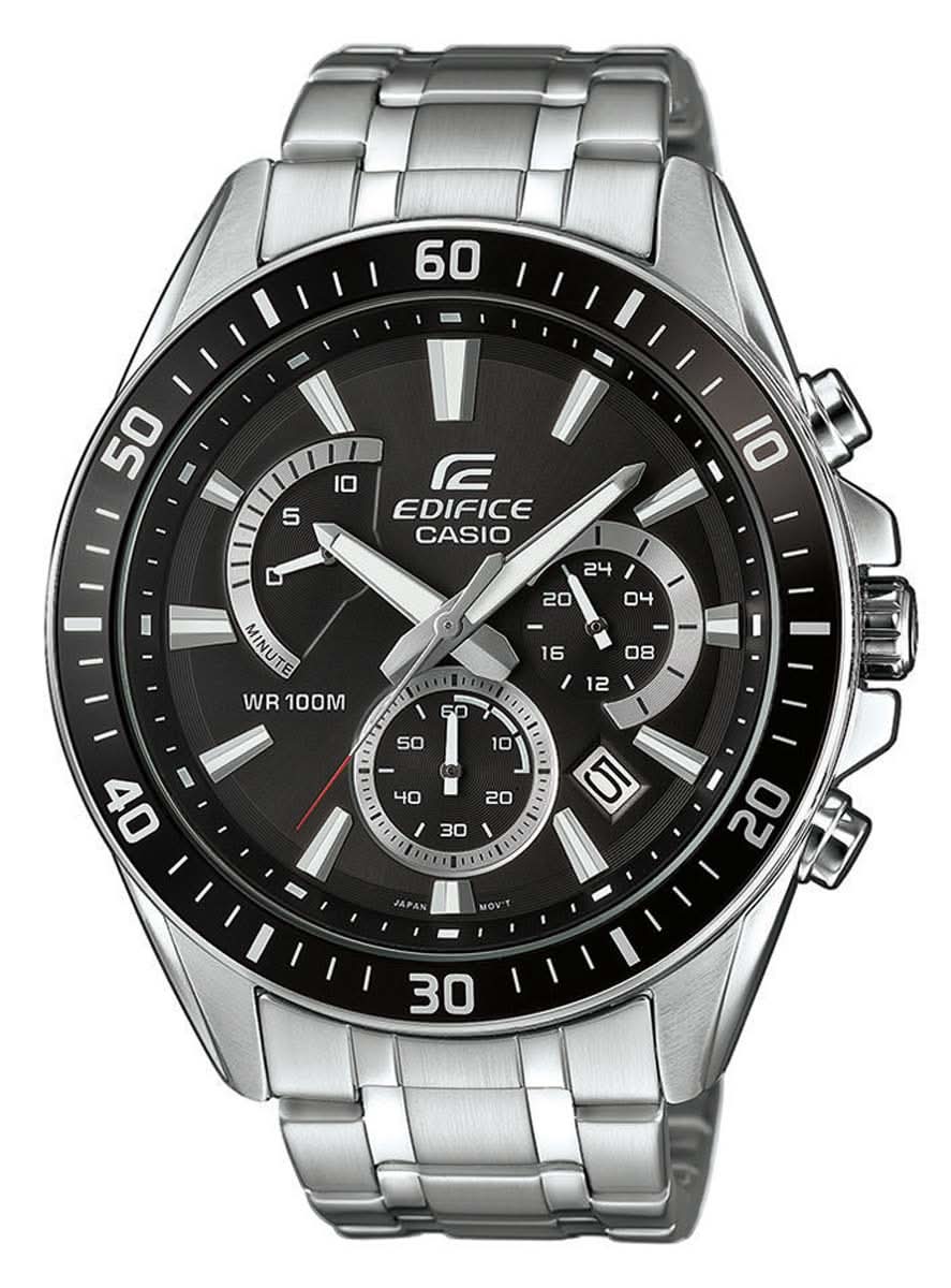 Montre bracelet pour homme : bracelet en acier inoxydable argenté, cadran noir, sous-cadrans chronographes