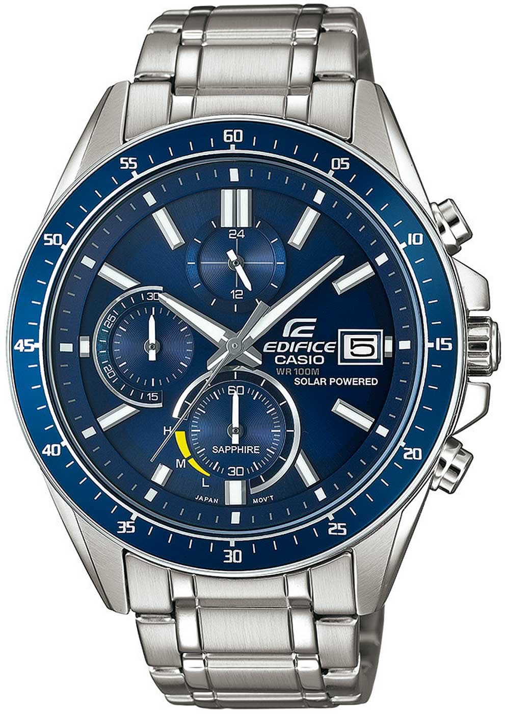 Montre chronographe pour homme avec cadran bleu, trois sous-cadrans et bracelet en acier inoxydable.