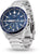 Montre bracelet pour homme, vue de face, avec cadran bleu, compteurs chronographes et bracelet en acier inoxydable.