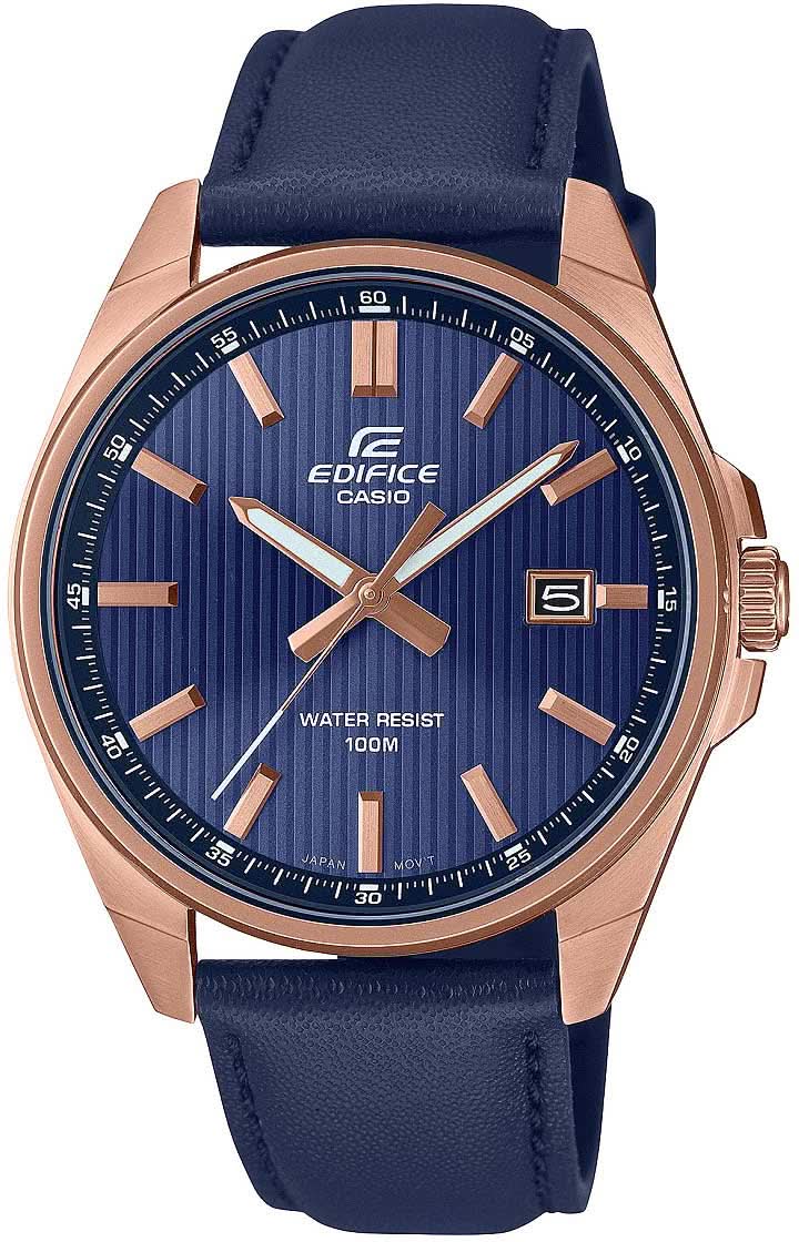Bracelet pour homme avec cadran bleu, boîtier or rose et bracelet en cuir bleu avec affichage de la date