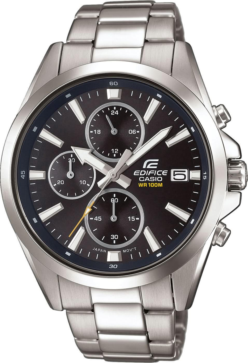 Montre homme en acier inoxydable avec cadran chronographe, contraste bleu foncé et bracelet en métal
