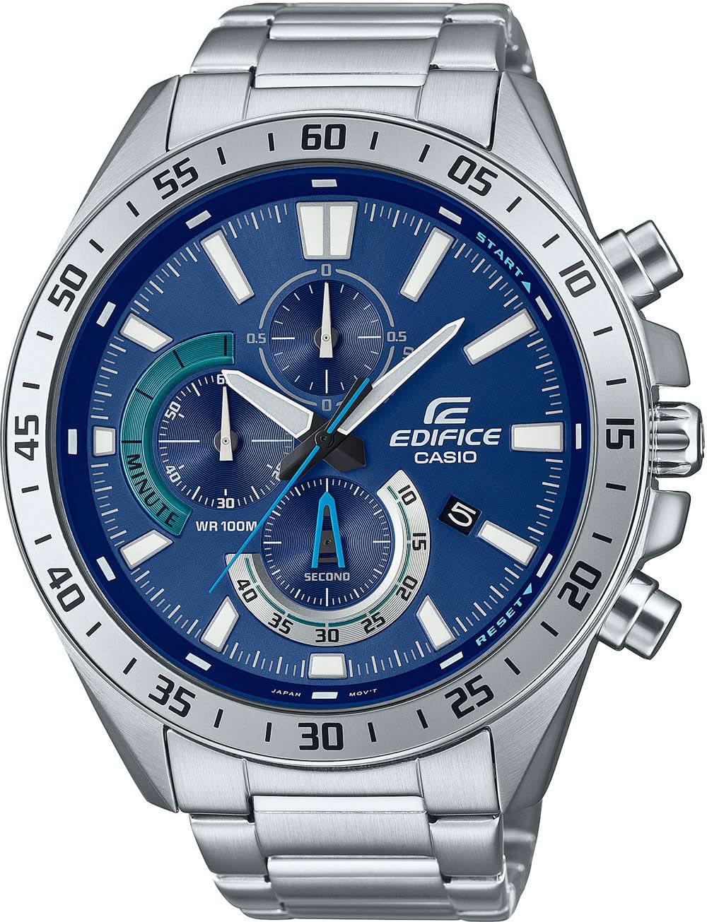 Montre chronographe pour homme avec cadran bleu, boîtier et bracelet en acier inoxydable.