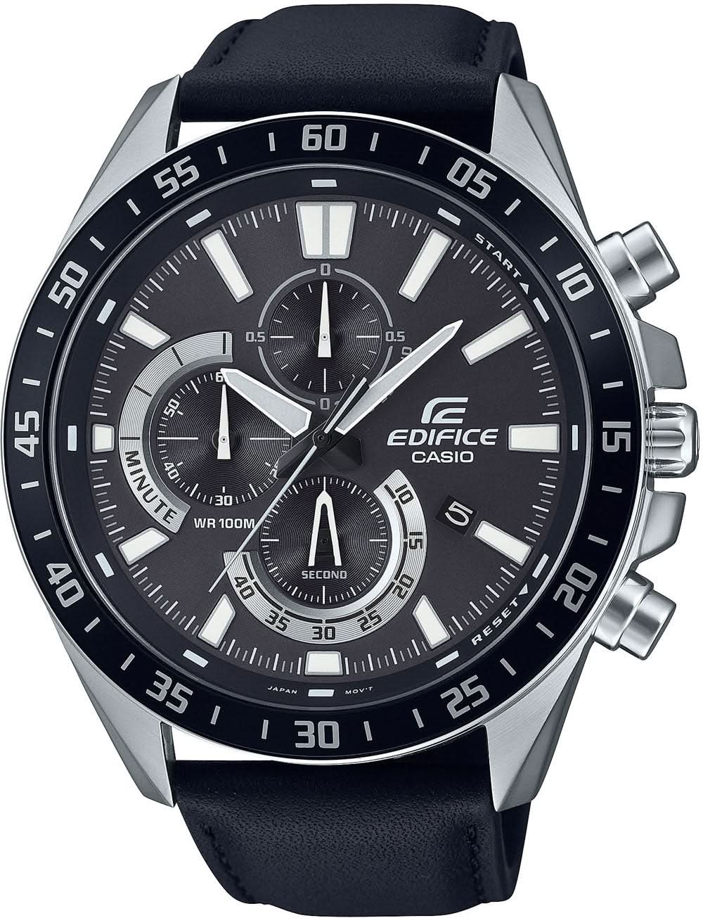 Bracelet de montre pour homme avec cadran noir, compteurs de chronographe et bracelet en cuir noir