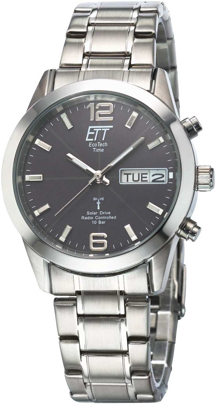 Herrenuhr aus Edelstahl mit dunklem Zifferblatt, silbernem Metallarmband und Zeigern
