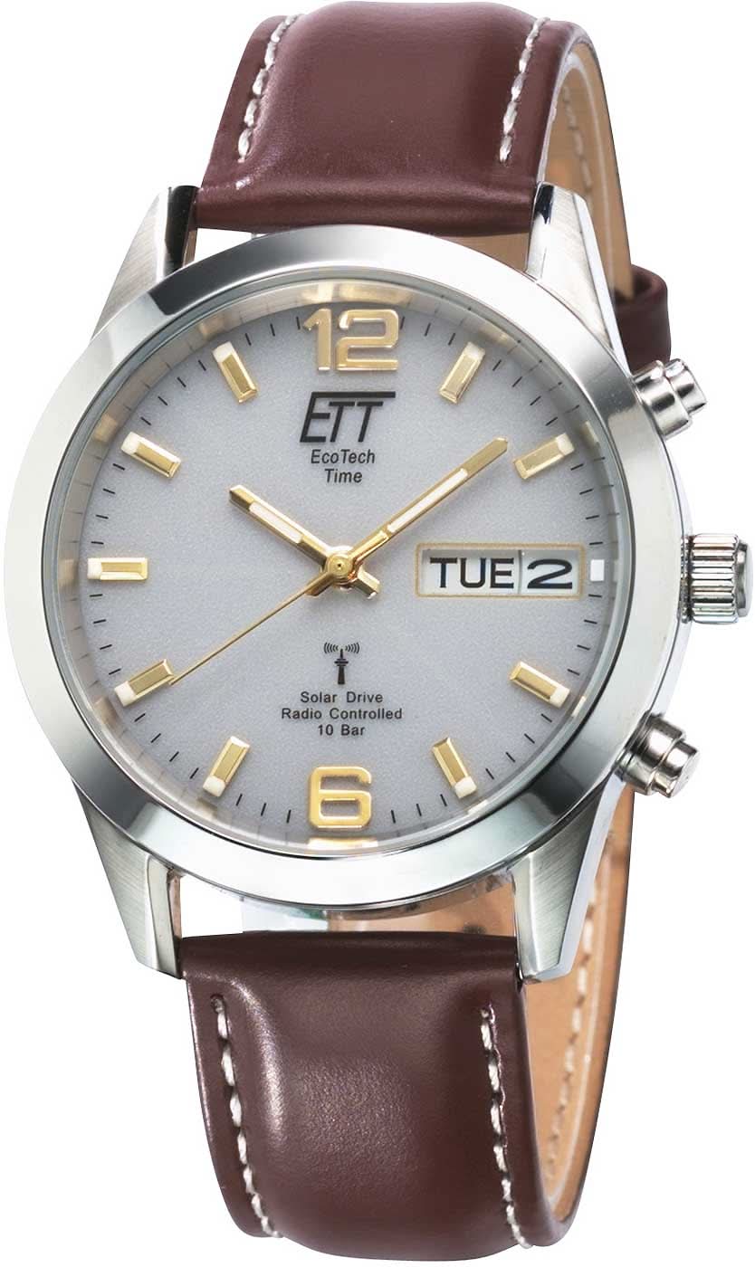 Montre pour homme ETT avec bracelet en cuir marron, boîtier argenté et cadran analogique