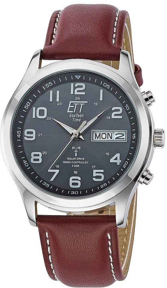 Herrenuhr mit dunkelbraunem Lederarmband und schwarzem Ziffernblatt, Datum bei MON2