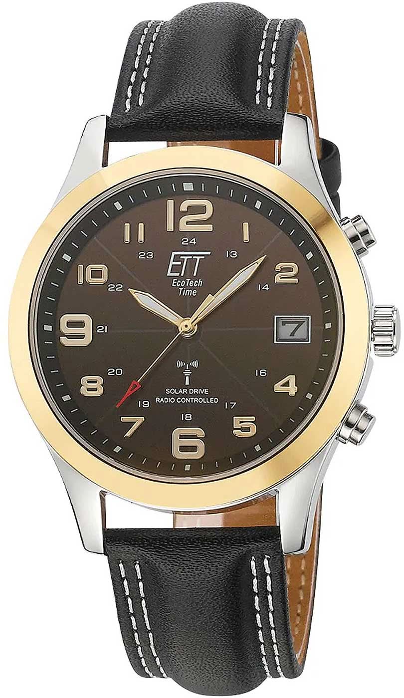 Montre homme avec bracelet en cuir noir et lunette dorée, cadran foncé