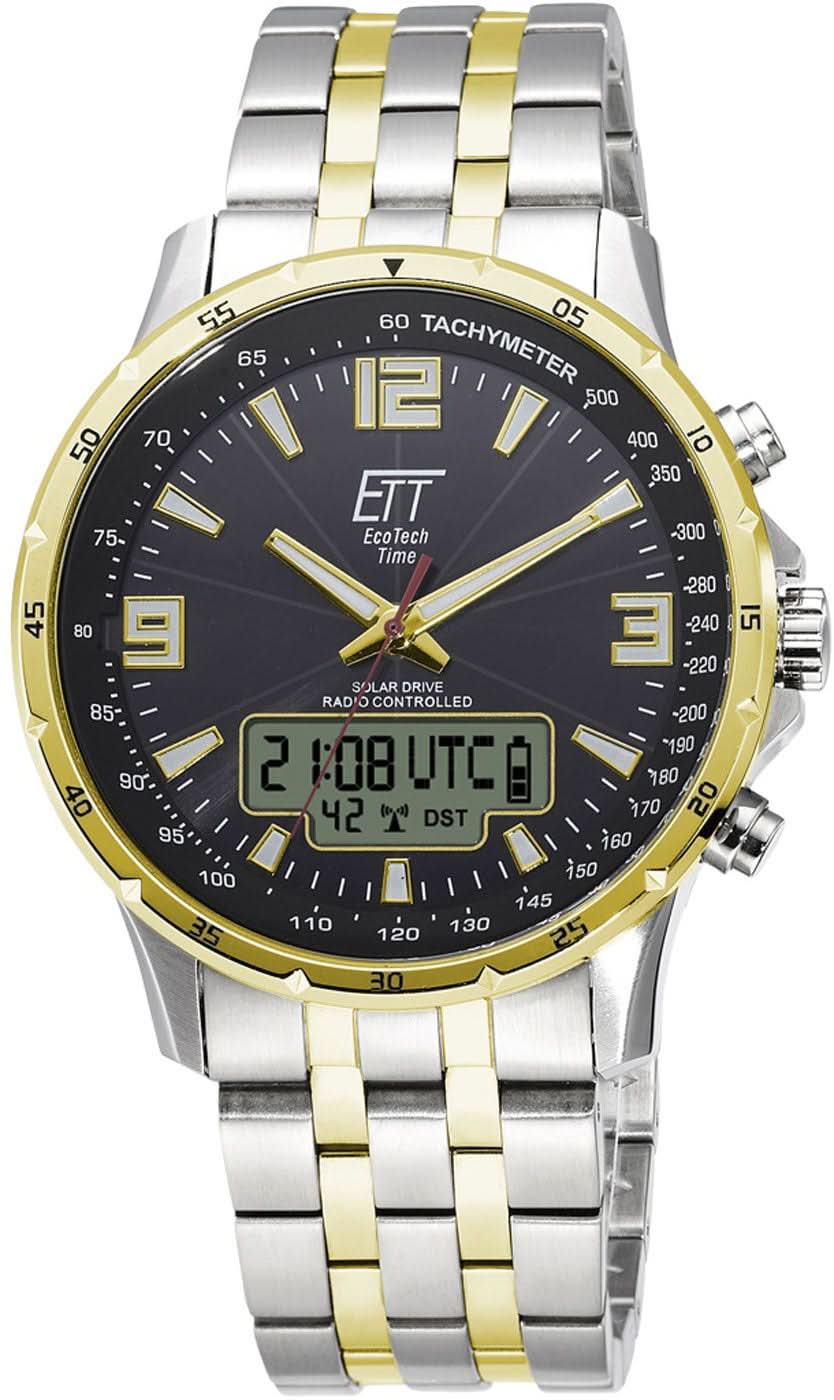 Montre homme radio-pilotée solaire, cadran noir et bracelet métal argenté et doré