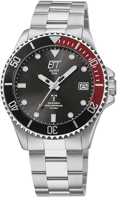 Montre homme avec cadran noir, lunette rouge et bracelet en acier inoxydable