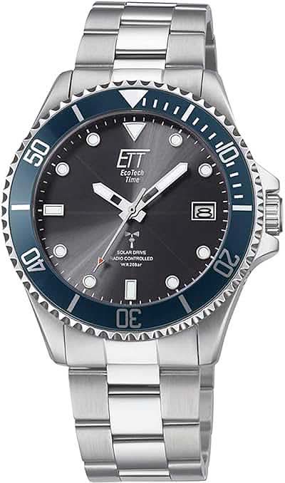 Herrenarmbanduhr mit dunklem Zifferblatt und blauer Lünette, Edelstahlband