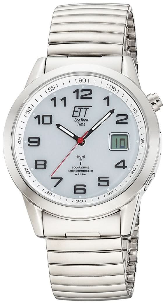 Montre homme en acier inoxydable avec cadran blanc et bracelet métallique, aiguilles et guichet date