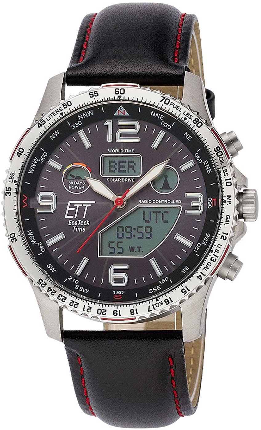 Herrenarmbanduhr mit schwarzem Zifferblatt, roten Akzenten und Lederarmband mit roten Nähten