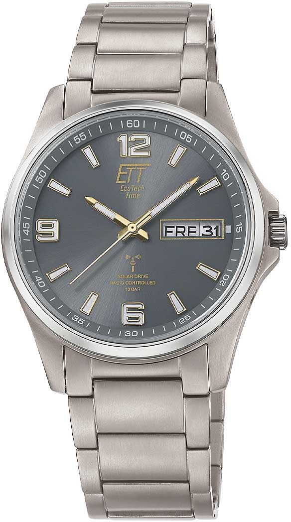 Analoge Herrenuhr mit dunkelgrauem Zifferblatt, goldenen Zeigern und Metallarmband