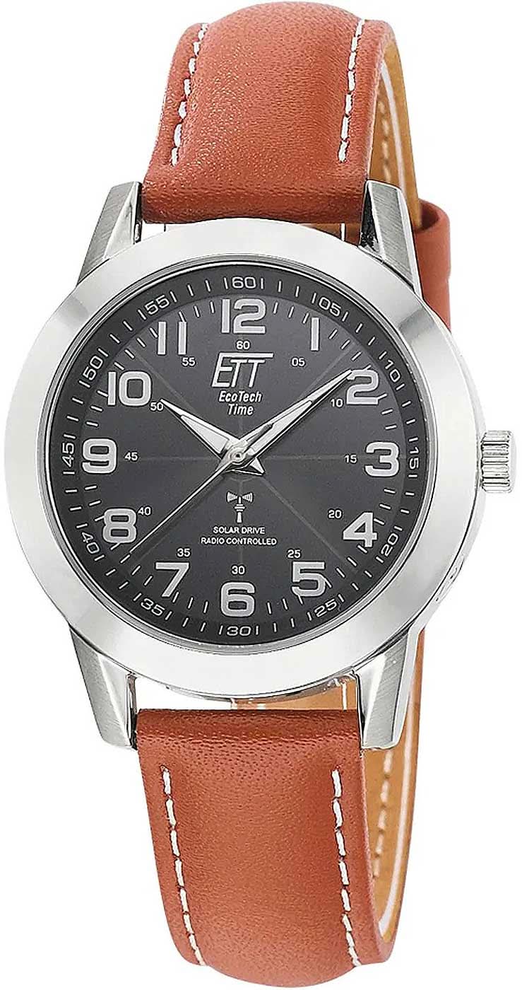 Montre pour femme : cadran sombre, bracelet en cuir marron, boîtier argenté