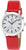 Montre pour femme avec bracelet en cuir rouge, boîtier argenté et cadran blanc.