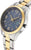 Montre solaire pour femme avec cadran bleu et accents dorés, vue de côté