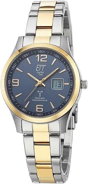 Montre solaire pour femme : cadran bleu, bracelet bicolore argent/or