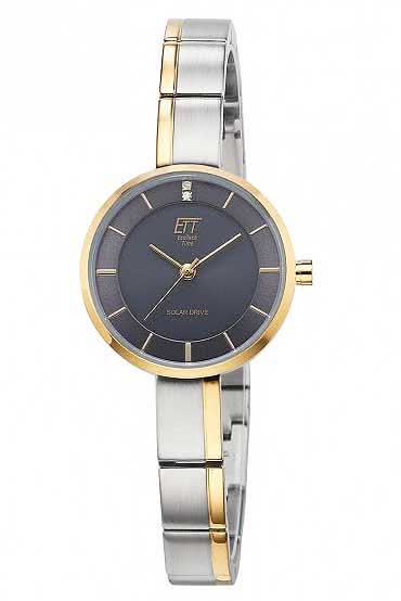Montre pour femme avec cadran sombre et bracelet bicolore en acier inoxydable, lunette ronde