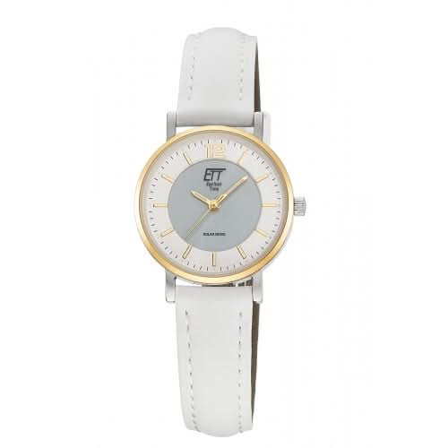Montre pour femme avec bracelet en cuir blanc, lunette dorée et cadran gris