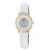 Montre pour femme avec bracelet en cuir blanc, lunette dorée et cadran gris