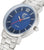 Montre pour femme avec cadran bleu, index et aiguilles rouges, bracelet en acier inoxydable