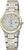 Montre pour femme avec bracelet en métal argenté et lunette dorée ; cadran argenté