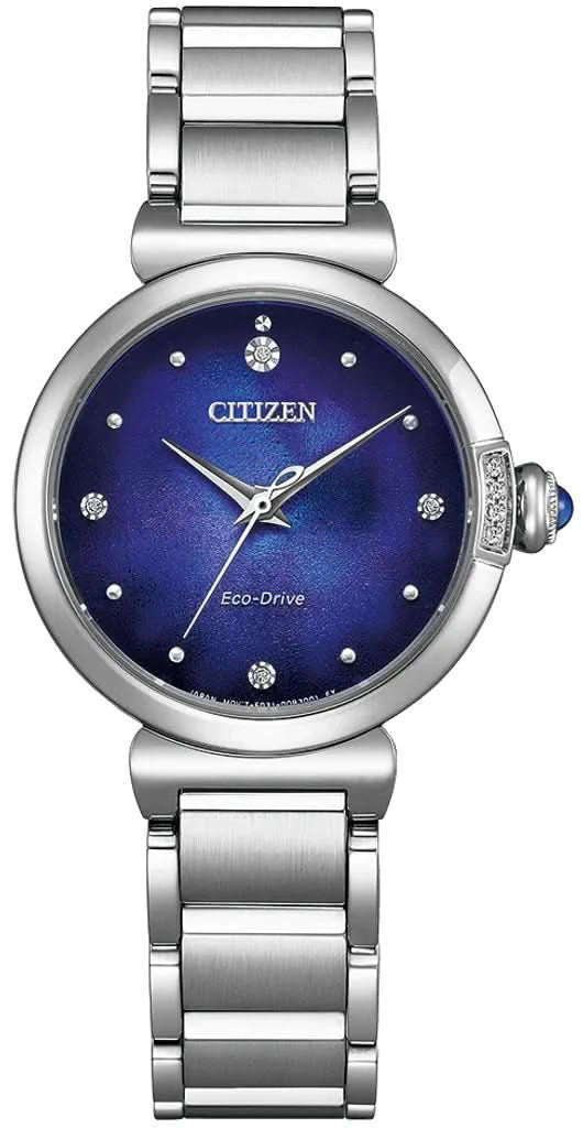Montre pour femme avec bracelet en acier, cadran rond bleu et index en diamants
