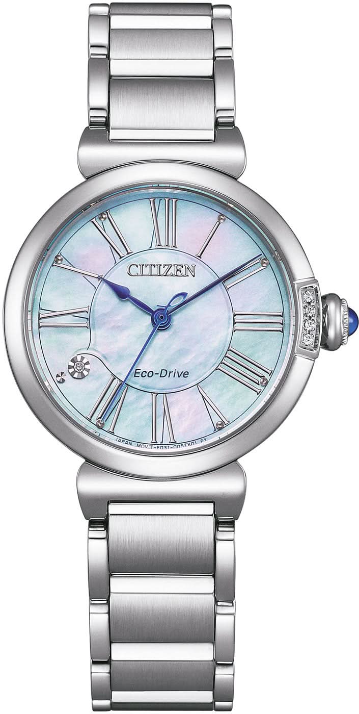 Montre pour femme avec bracelet en acier inoxydable argenté et cadran bleu scintillant, Citizen