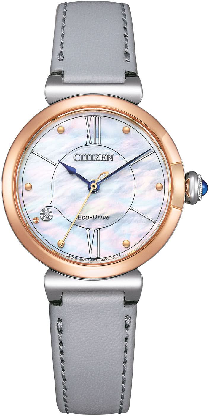 Damen-Uhr mit grauem Lederband, roségoldener Lünette und silbernem Zifferblatt