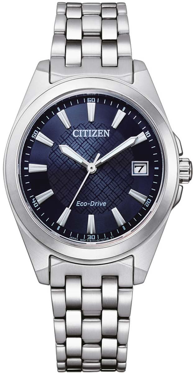 Montre pour femme avec cadran bleu et bracelet en acier inoxydable, Eco-Drive, lunette ronde