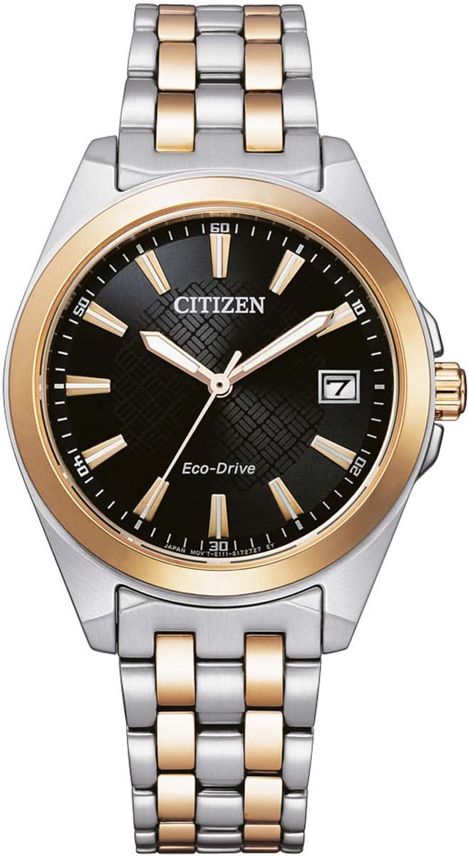 Montre pour femme avec cadran noir, bracelet bicolore en métal et guichet date.
