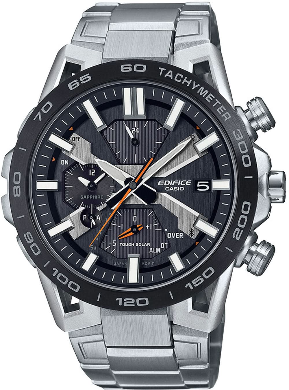 Montre Edifice pour homme avec bracelet en acier inoxydable argenté, cadran noir et accents orange