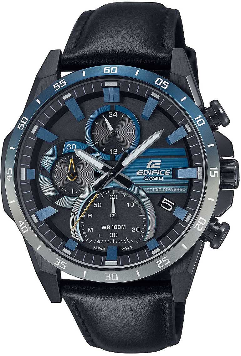 Montre sportive pour homme avec cadran bleu et noir, chronographe, bracelet en cuir noir