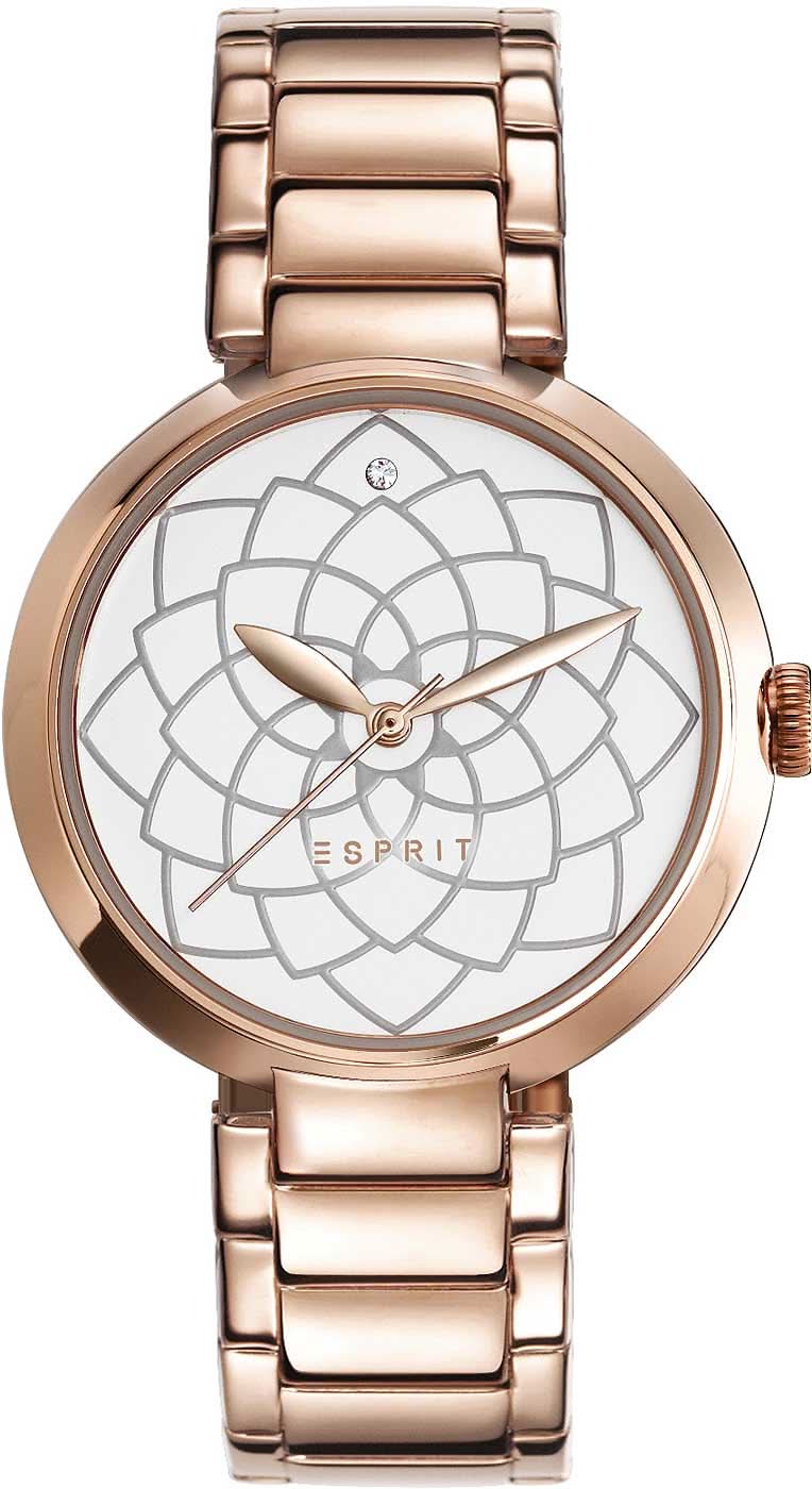 Bracelet de montre pour femme avec bracelet en métal couleur or rose et cadran rond, logo Esprit