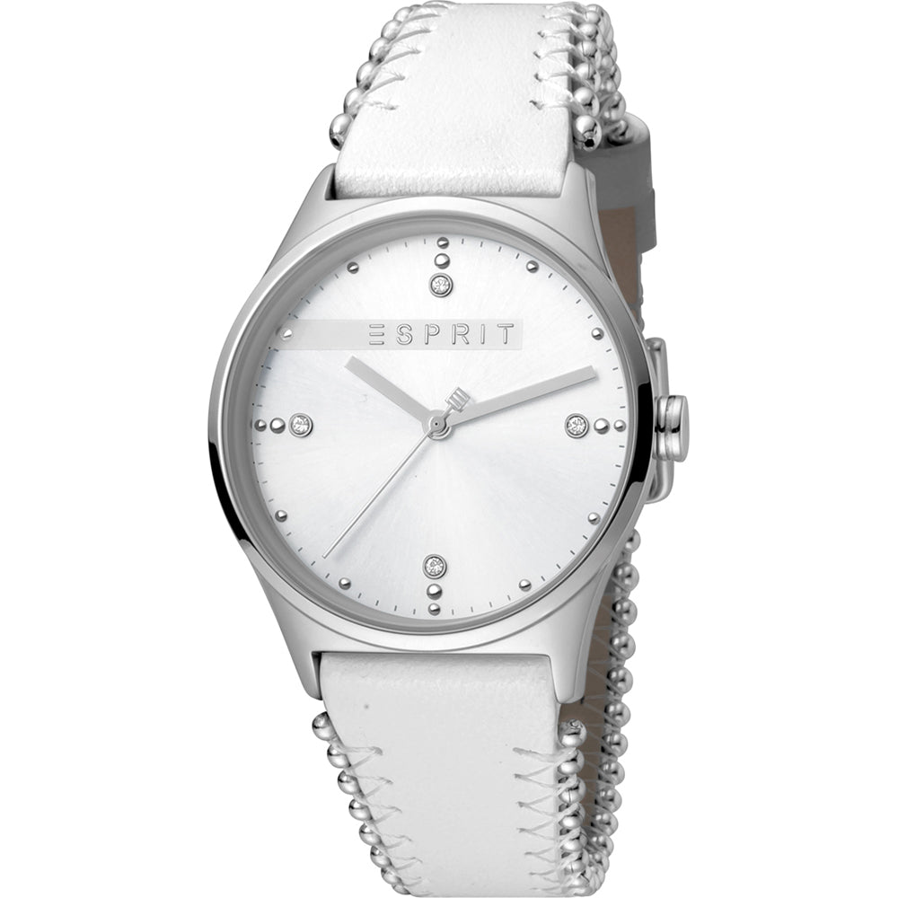 Esprit Damen-Armbanduhr: weißes Lederarmband, silbernes Gehäuse und rundes Zifferblatt