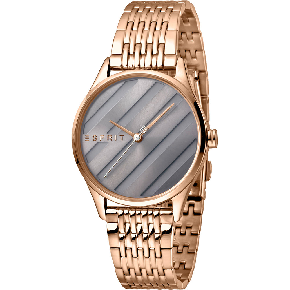 Esprit-Damenarmbanduhr mit roségoldenem Edelstahlarmband, rundem Gehäuse und grauem Zifferblatt