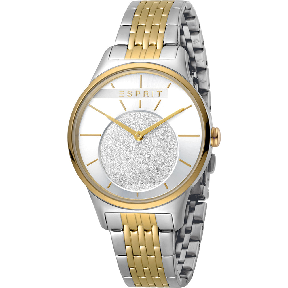 Bicolor Damenarmbanduhr aus Edelstahl, silber/gold, weißes Zifferblatt mit Strichindex
