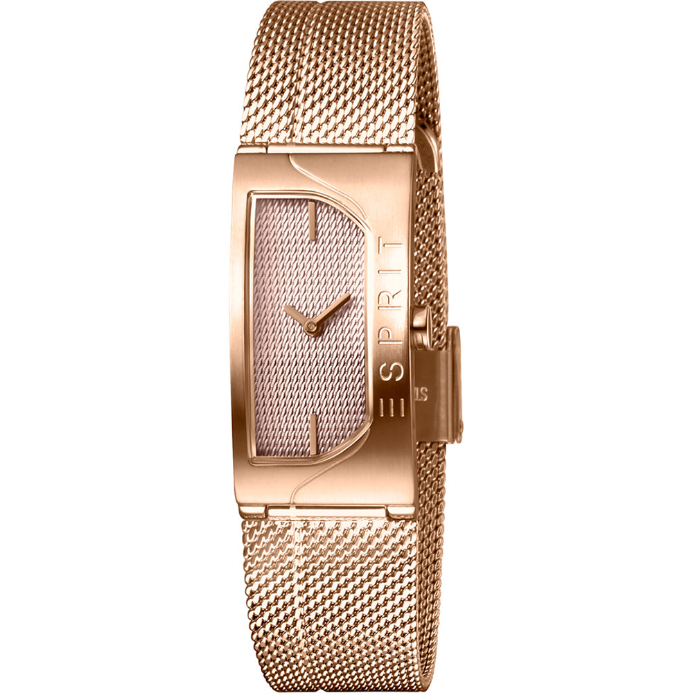 Damenuhr mit roségoldfarbenem, eckigem Gehäuse und Mesh-Armband, Zifferblatt mit Indizes