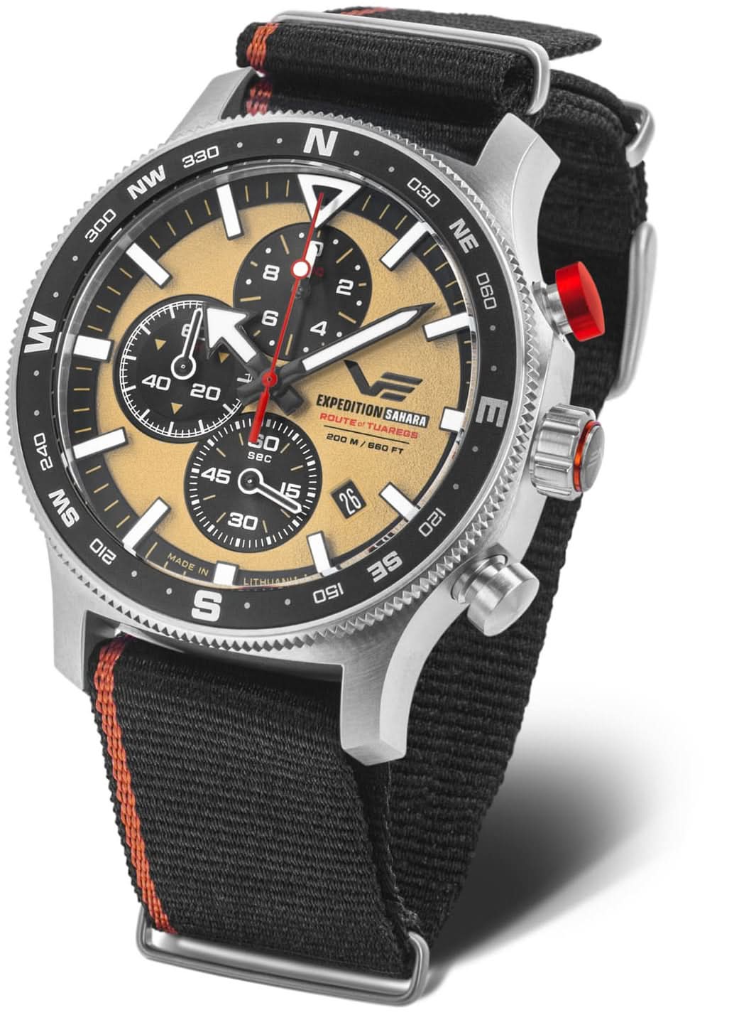 Chronographe Vostok Europe pour homme avec cadran noir, accents dorés et bracelet en nylon