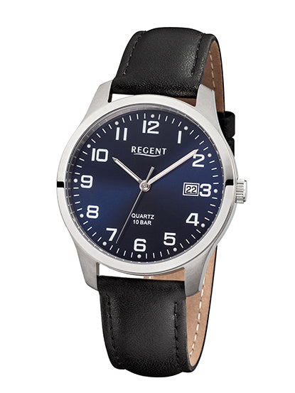 Unisex-Armbanduhr mit schwarzem Lederarmband, silbernem Gehäuse, blauem Zifferblatt, Datum