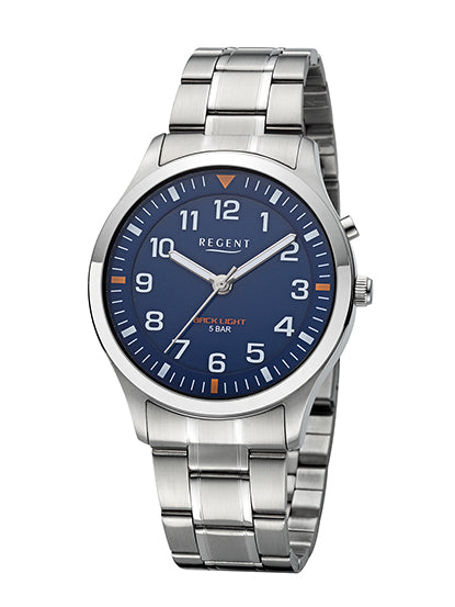Regent Herrenuhr mit blauem Zifferblatt, Metallarmband und Hintergrundbeleuchtung