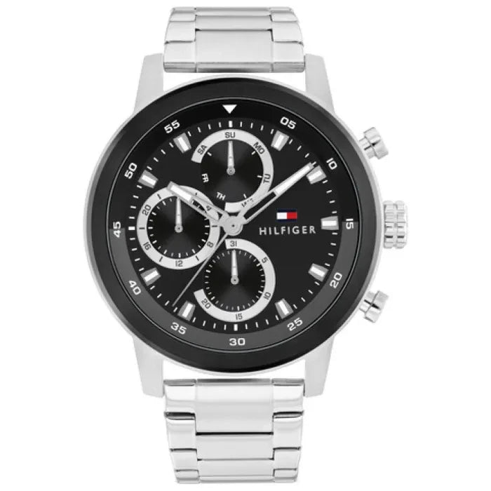 Tommy Hilfiger Herrenquarzuhr mit schwarzem Zifferblatt und silbernem Edelstahlarmband
