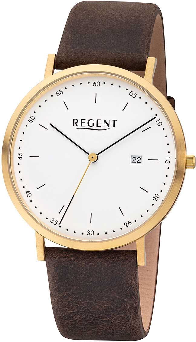 Bracelet de montre Regent pour homme avec bracelet en cuir marron, boîtier en acier inoxydable doré, cadran blanc