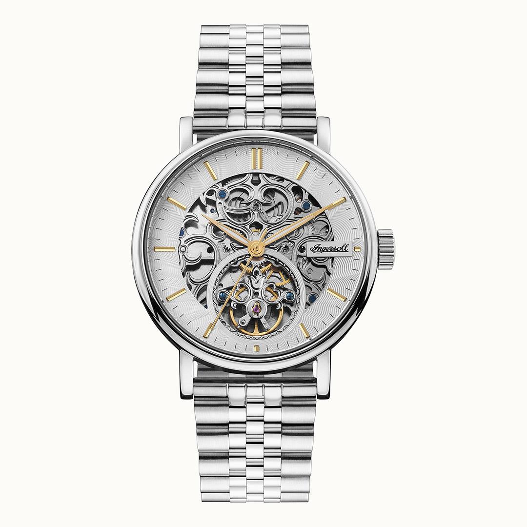 Herrenuhr mit silbernem Metallarmband und skelettiertem Zifferblatt, Automatikwerk