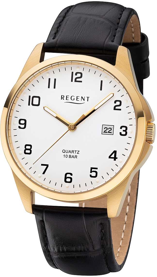 Bracelet de montre pour homme avec boîtier doré, bracelet en cuir noir et cadran blanc, date