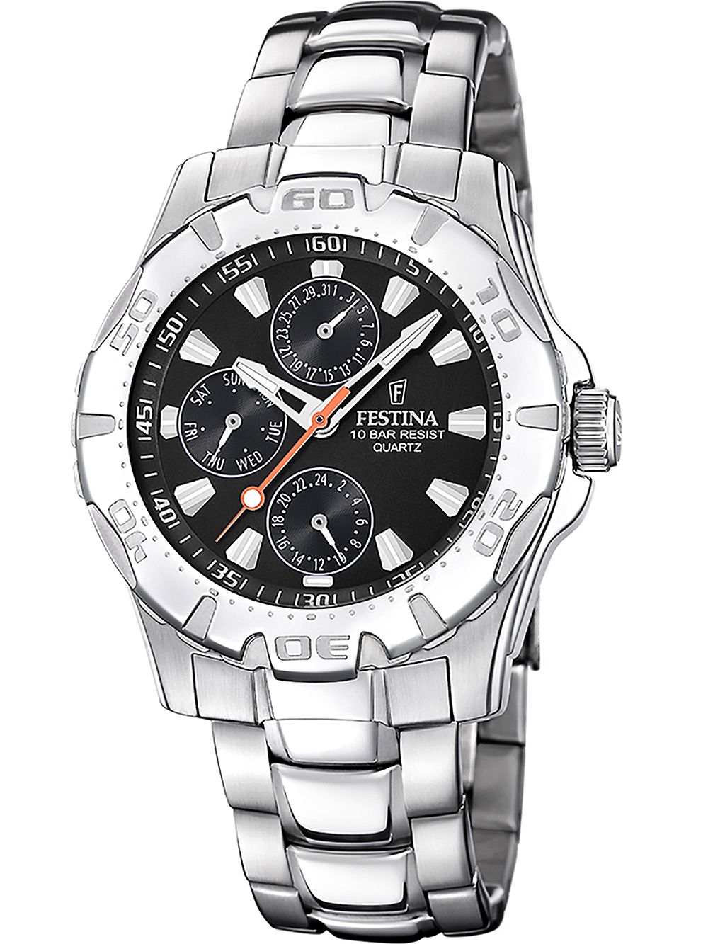 Festina Sport Herrenuhr mit schwarzem Zifferblatt, Datum/Tag und Edelstahlarmband