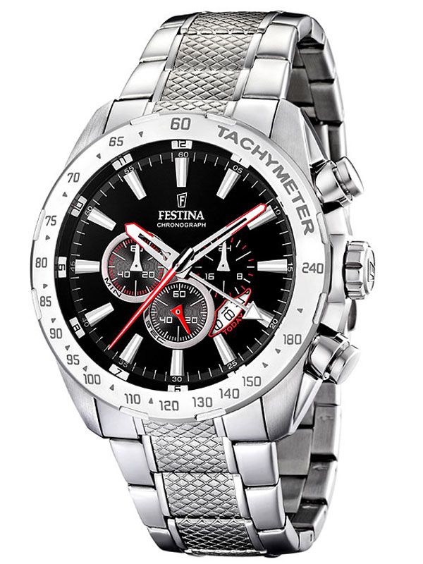 Festina Herren-Chronograph mit Tachymeter-Lünette, schwarzem Zifferblatt und Stahlarmband