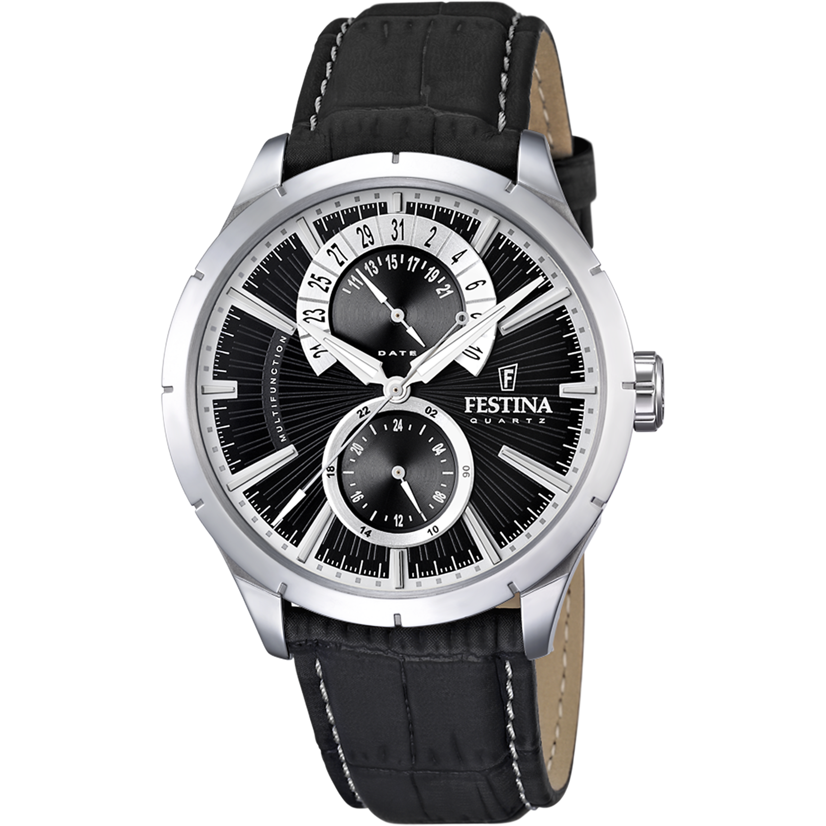 Festina Herrenarmbanduhr mit schwarzem Lederband, rundem Gehäuse und schwarzem Zifferblatt